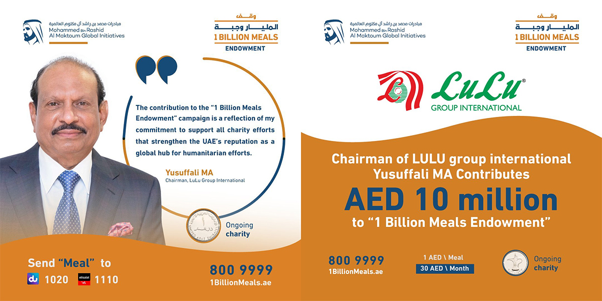 Yusuff Ali M.A, Chairman of Lulu Group International contributes AED10mn towards ‘1 Billion Meals Endowment’ campaign